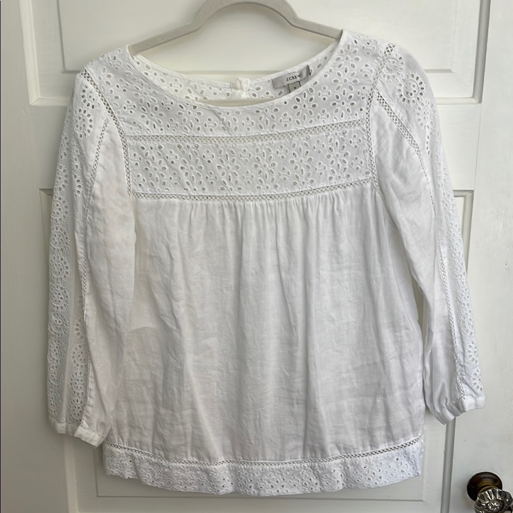 J Crew white linen eyelet blouse